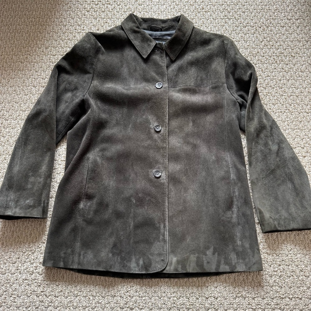 Banana Republic Olive Brown Suede Leather Single Breasted Jacket Coat - Picture 2 of 11
